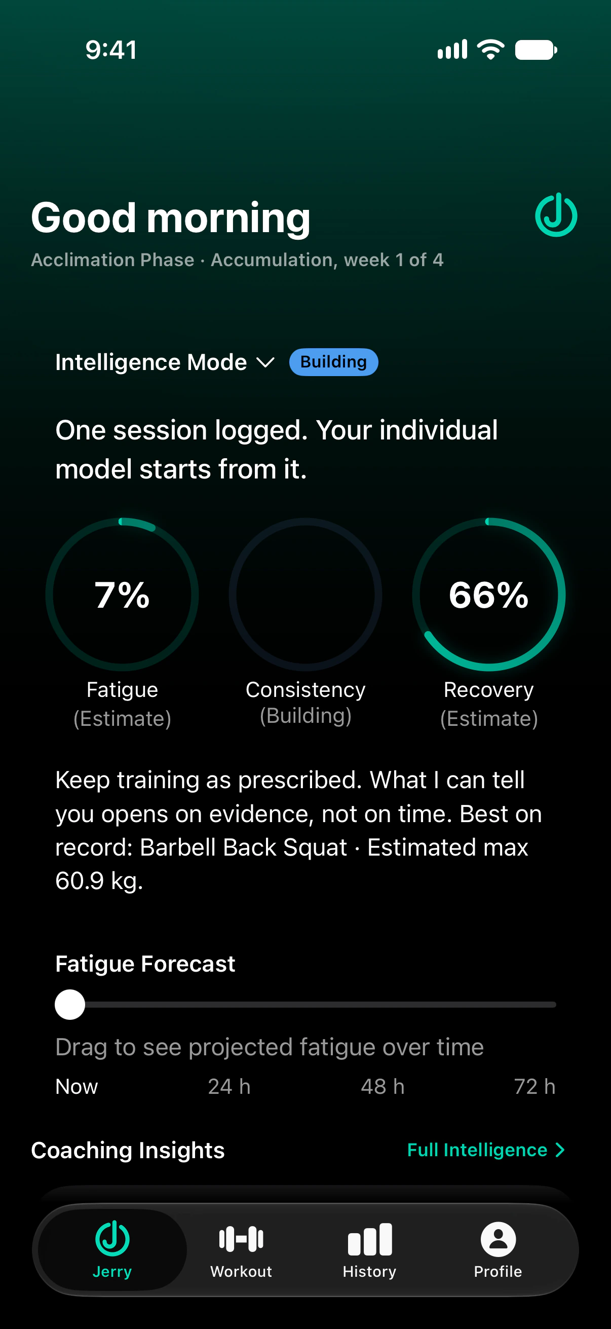 The OrderedStrength home screen after one logged workout. It says Building, meaning Jerry is still learning you; fatigue is 7 percent and recovery 66 percent, both marked Estimate; and the Consistency score is still empty.